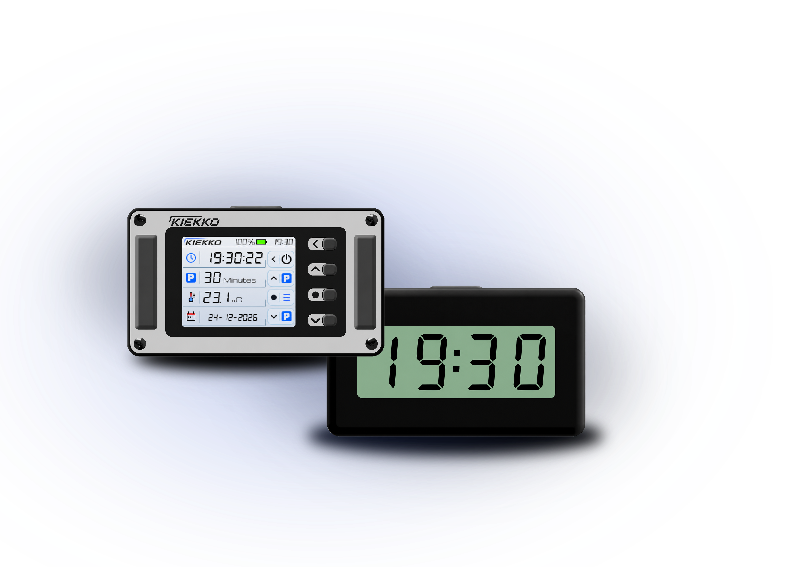 Front and rear views of the illuminated KIEKKO electronic parking disc