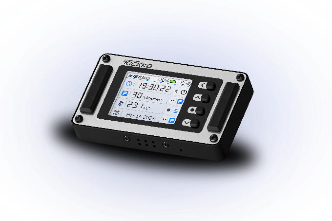 Angled front view of the illuminated KIEKKO electronic parking disc