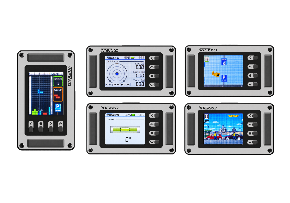 Multiple KIEKKO displays showing games and a G-meter-style gadget tool