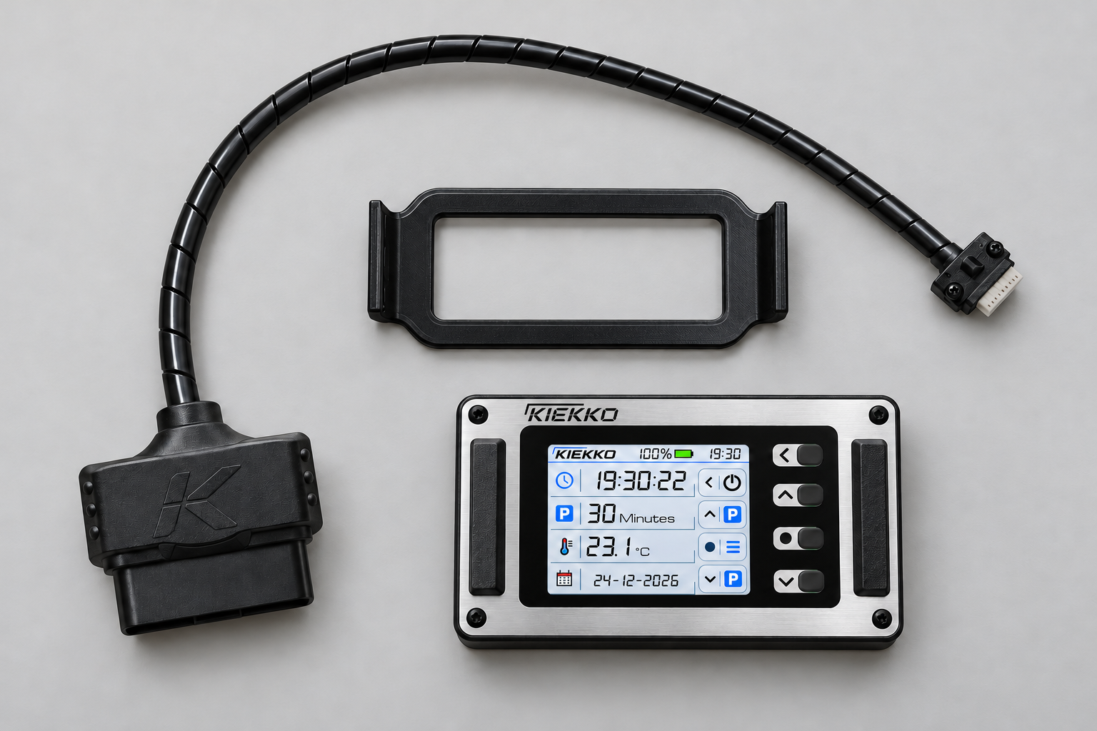 KIEKKO device, mounting accessory, cable, and OBD connector arranged together