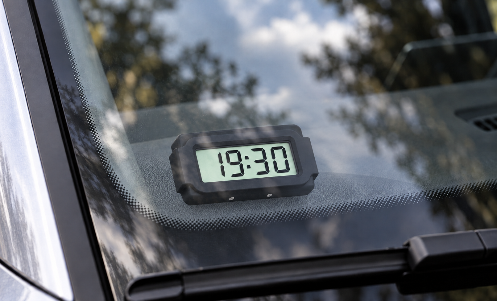 KIEKKO parking display visible through a vehicle windshield